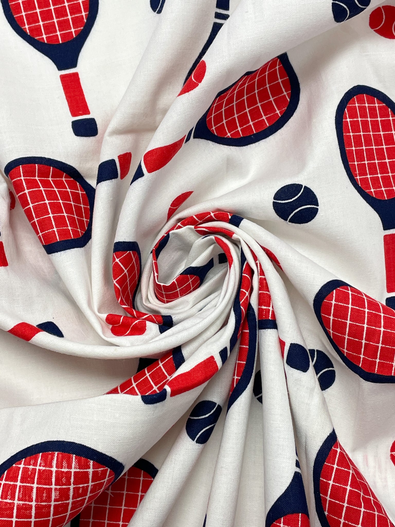 1 7/8 YD Cotton - White with Red and Blue Tennis Rackets and Balls