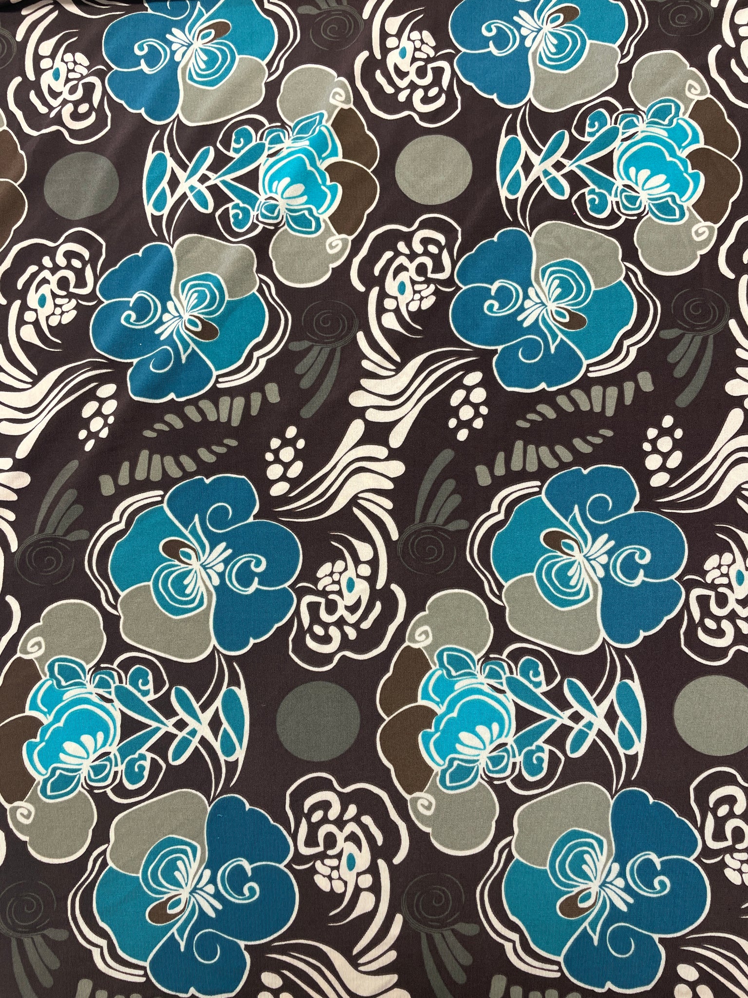 2 7/8 YD Polyester Blend Knit - Dark Brown with Turquoise Flowers