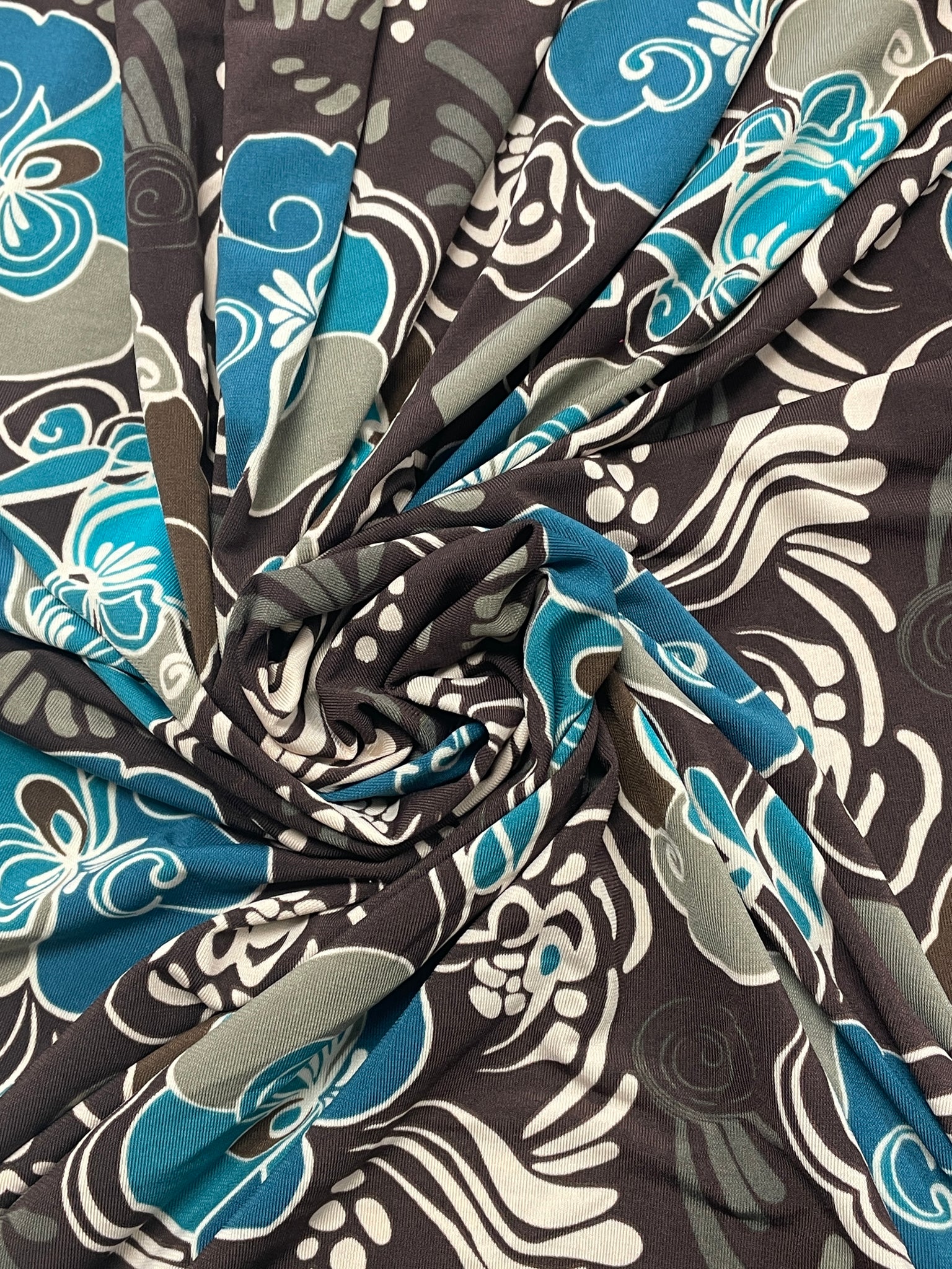 2 7/8 YD Polyester Blend Knit - Dark Brown with Turquoise Flowers