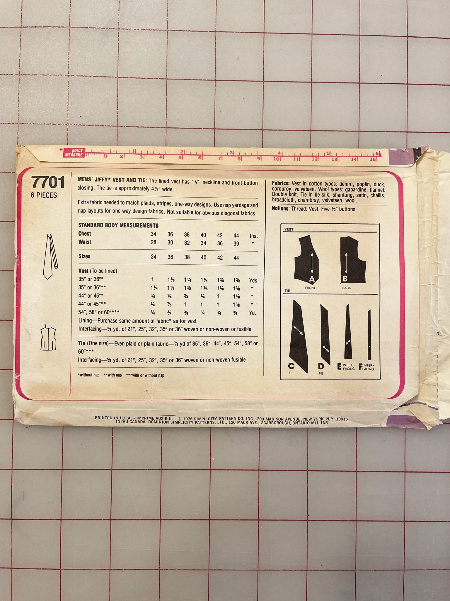 1976 Simplicity 7701 Pattern - Men's Vest and Neck Tie