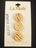 Buttons Metal Set of 3 Vintage - Flat Gold-Tone with Waves