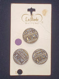 Buttons Metal Set of 3 Vintage - Bronze Embossed with Egyptian-Style Graphics