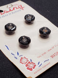 Buttons Plastic Set of 4 Vintage - White Rhinestones Set in Black