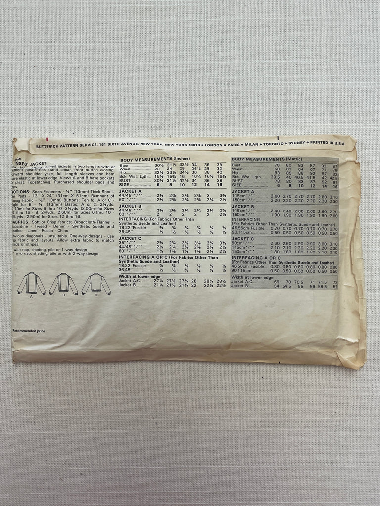 1980's Butterick 4504 Sewing Pattern - Jacket FACTORY FOLDED