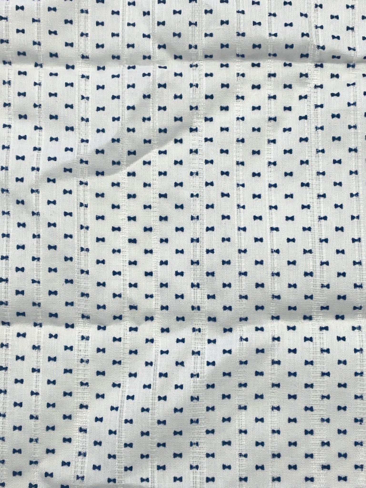 Cotton Blend Voile Remnant - White with Blue Flocked Bows