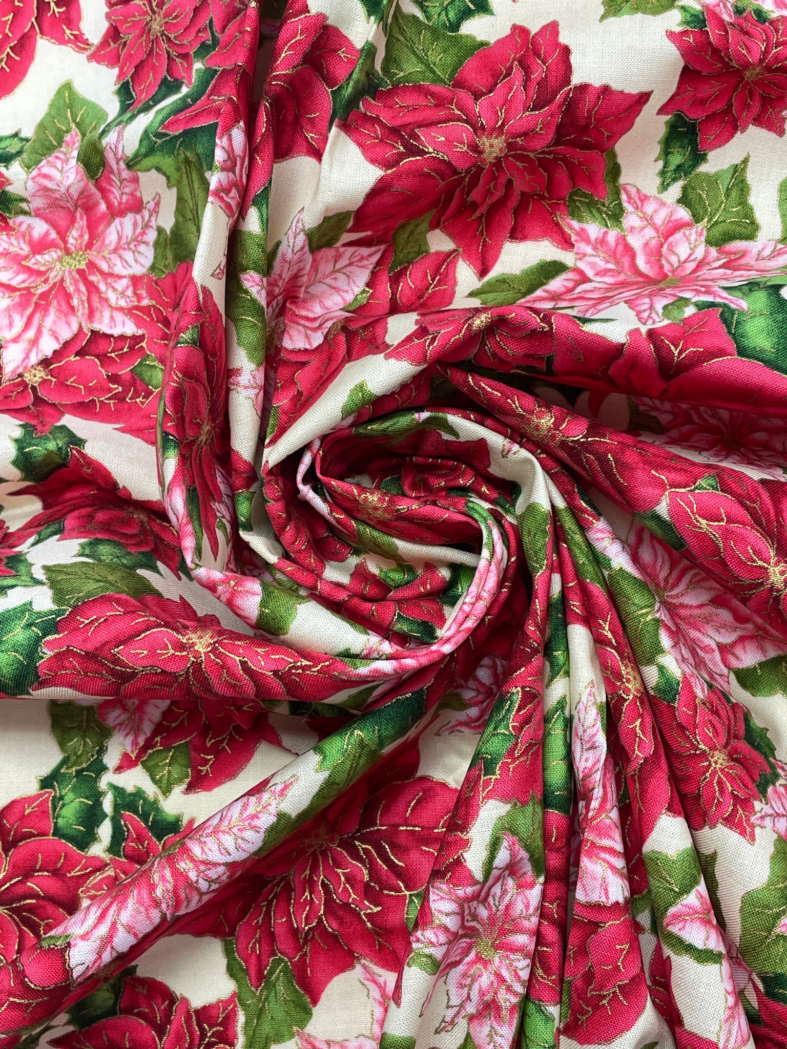 2 YD Quilting Cotton - Cream with Red and Pink Poinsettias with Gold Accents