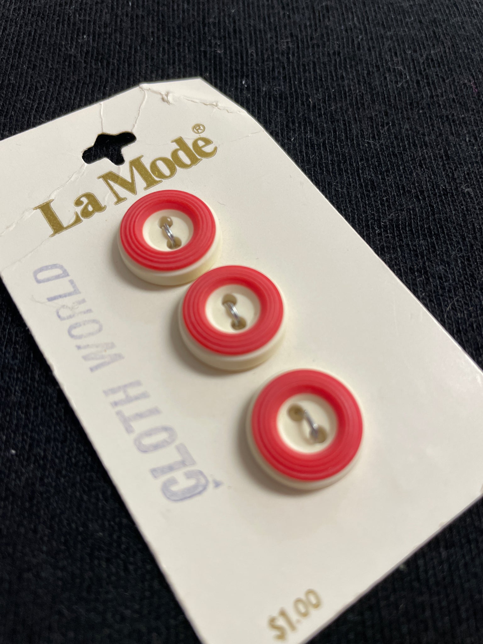 Button Plastic Set of 3 Vintage - White with Red Ring