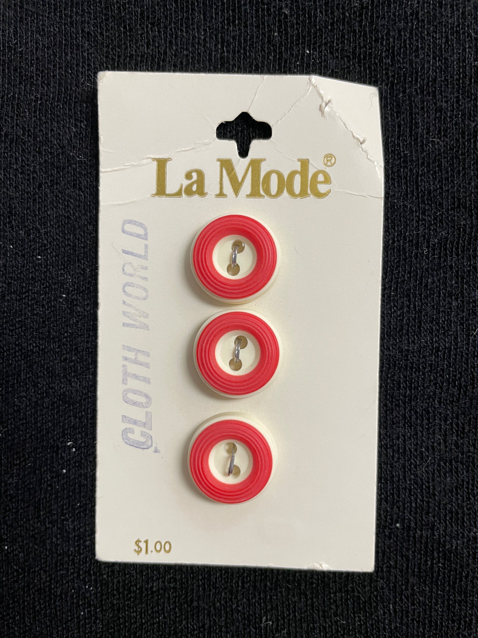 Button Plastic Set of 3 Vintage - White with Red Ring