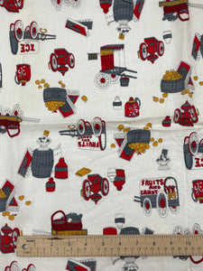 SALE 4 1/2 YD Cotton Vintage - Off White with Red, Gray and Golden Yellow Graphics