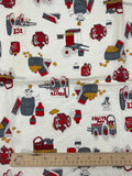 SALE 4 1/2 YD Cotton Vintage - Off White with Red, Gray and Golden Yellow Graphics