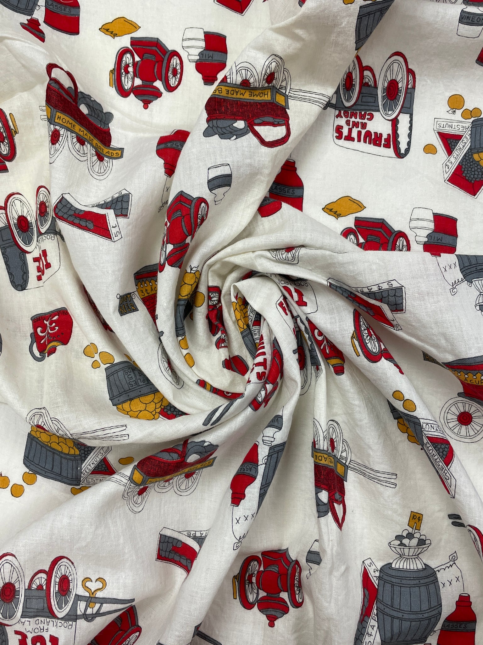 SALE 4 1/2 YD Cotton Vintage - Off White with Red, Gray and Golden Yellow Graphics