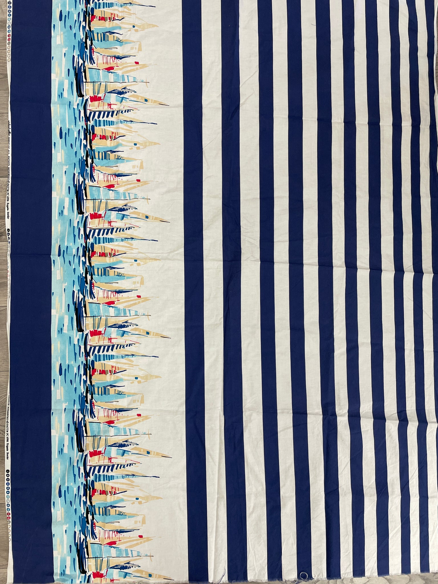 Cotton Vintage - Navy Blue Stripes with Sailboat Border