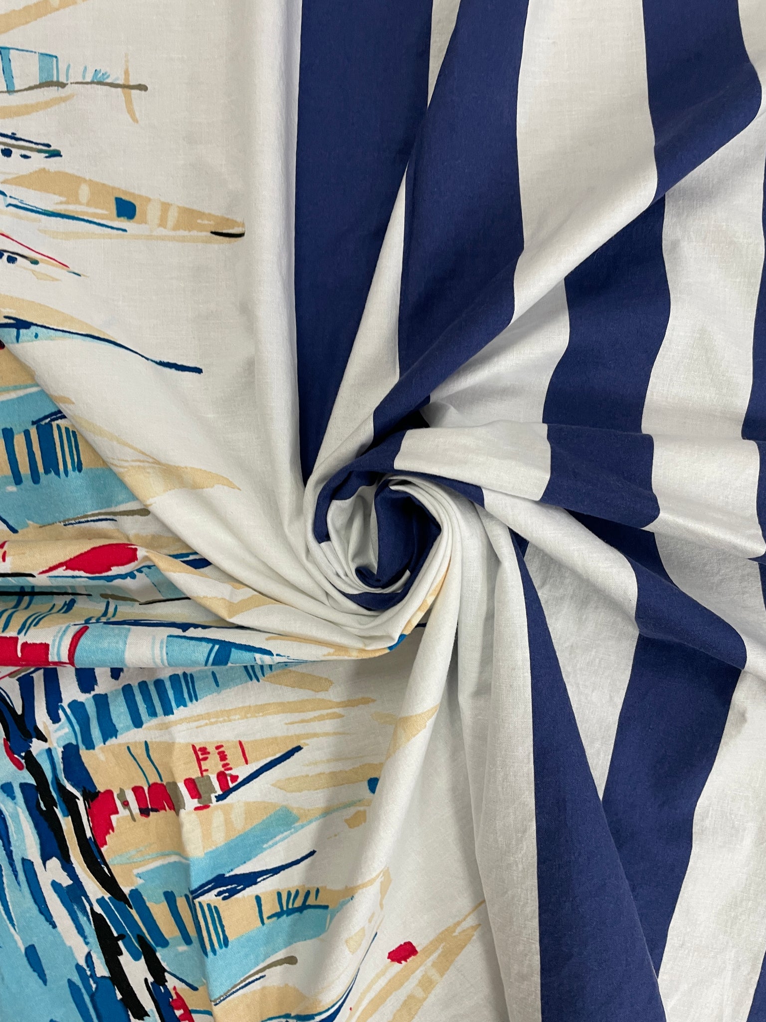 Cotton Vintage - Navy Blue Stripes with Sailboat Border