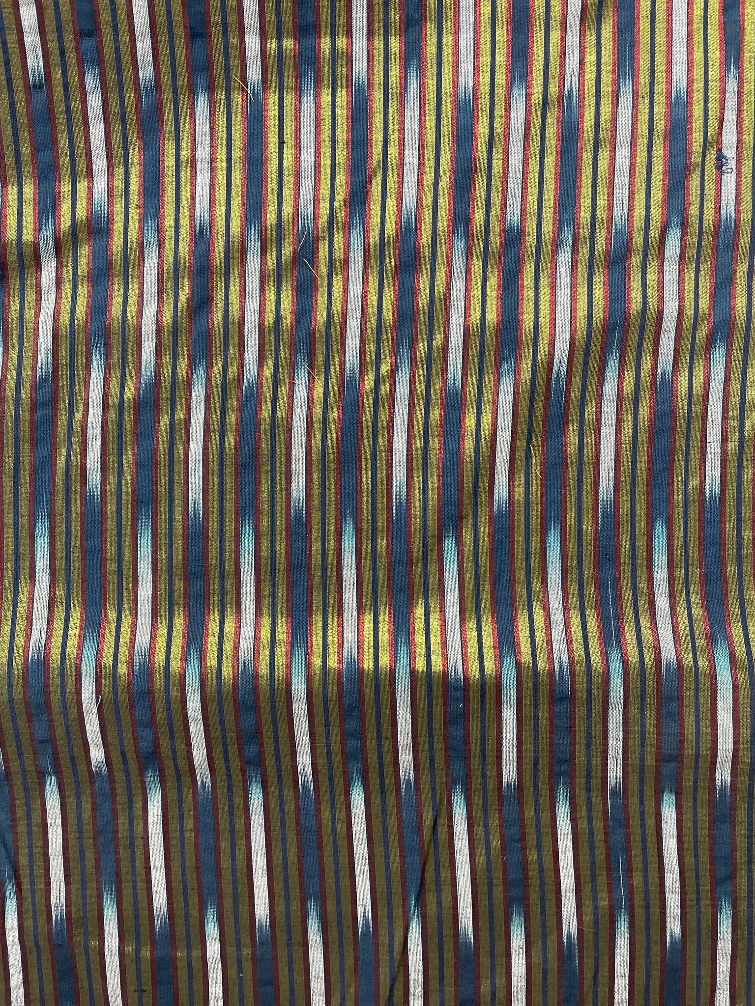 Cotton/Nylon Blend Vintage - Blue and White Ikat Stripe with Metallic Brass and Metallic Red Stripes
