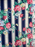 Cotton - Pink, Blue and Yellow Flowers of Navy Blue and White Stripes