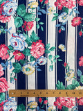 Cotton - Pink, Blue and Yellow Flowers of Navy Blue and White Stripes