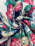 Cotton - Pink, Blue and Yellow Flowers of Navy Blue and White Stripes