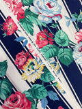 Cotton - Pink, Blue and Yellow Flowers of Navy Blue and White Stripes