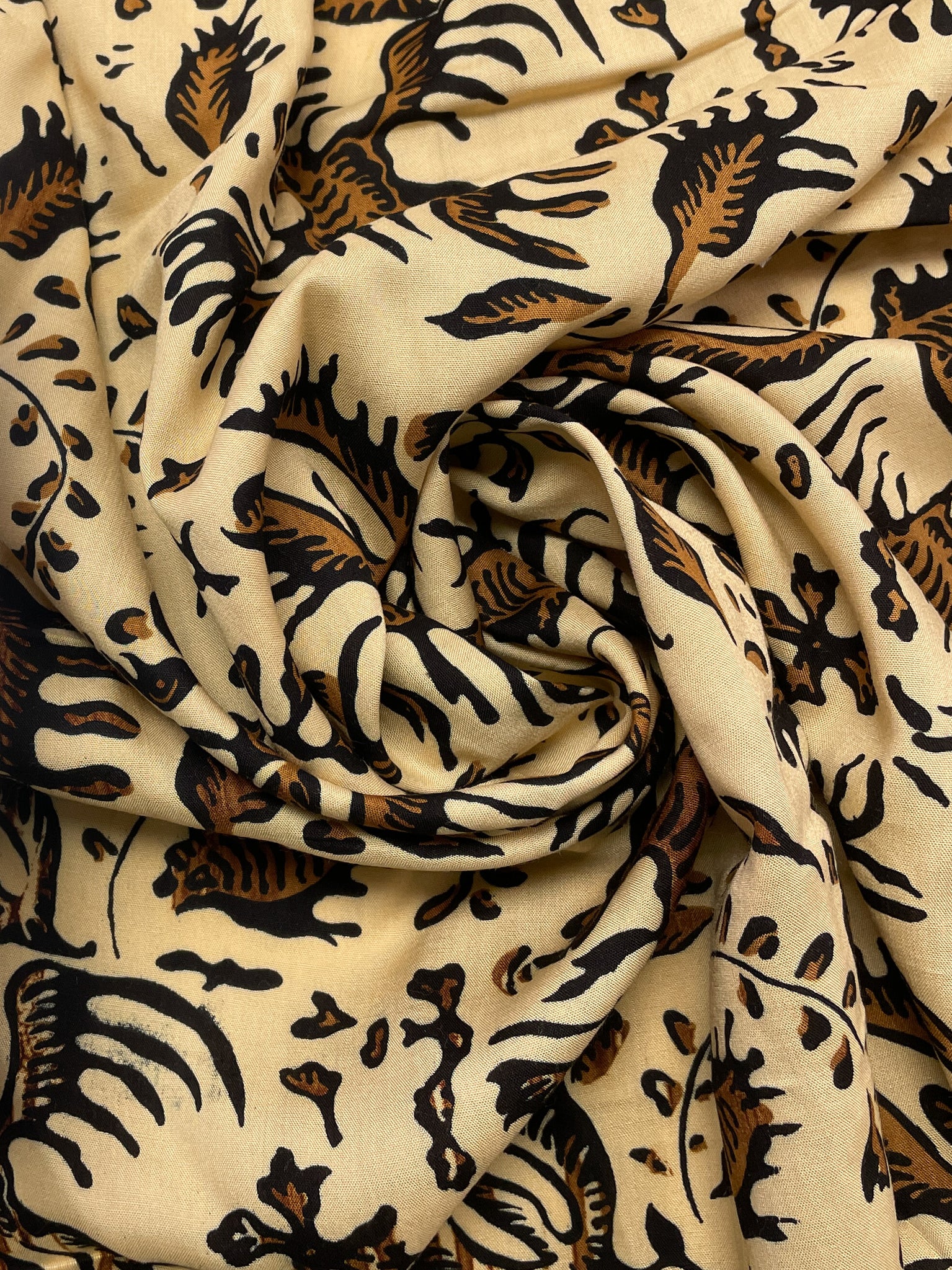 2 YD Rayon - Beige Yellow with Brown and Black Designs and Border