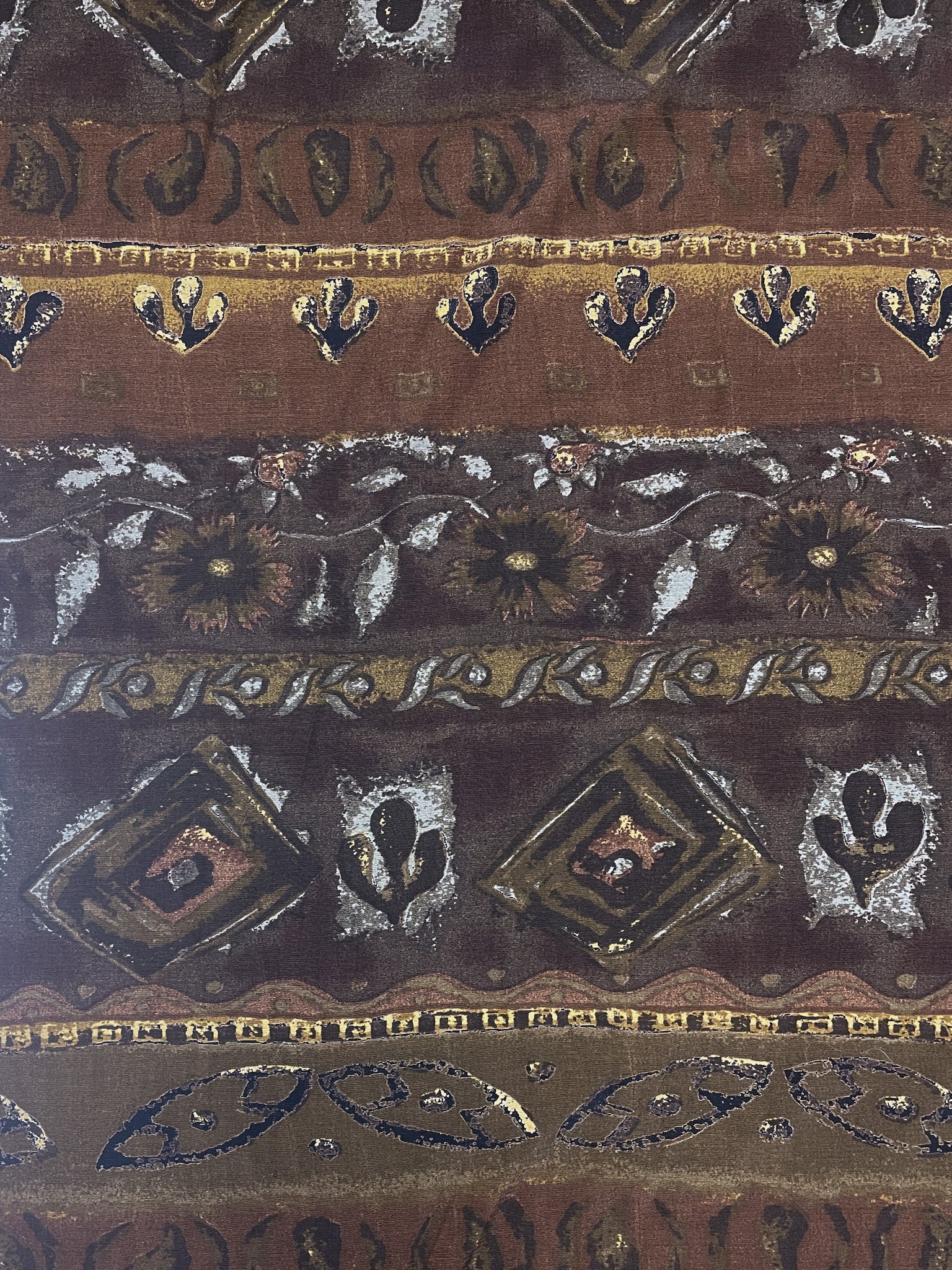 Rayon Vintage - Stripes of Diamonds, Leaves and Shapes in Multi Browns
