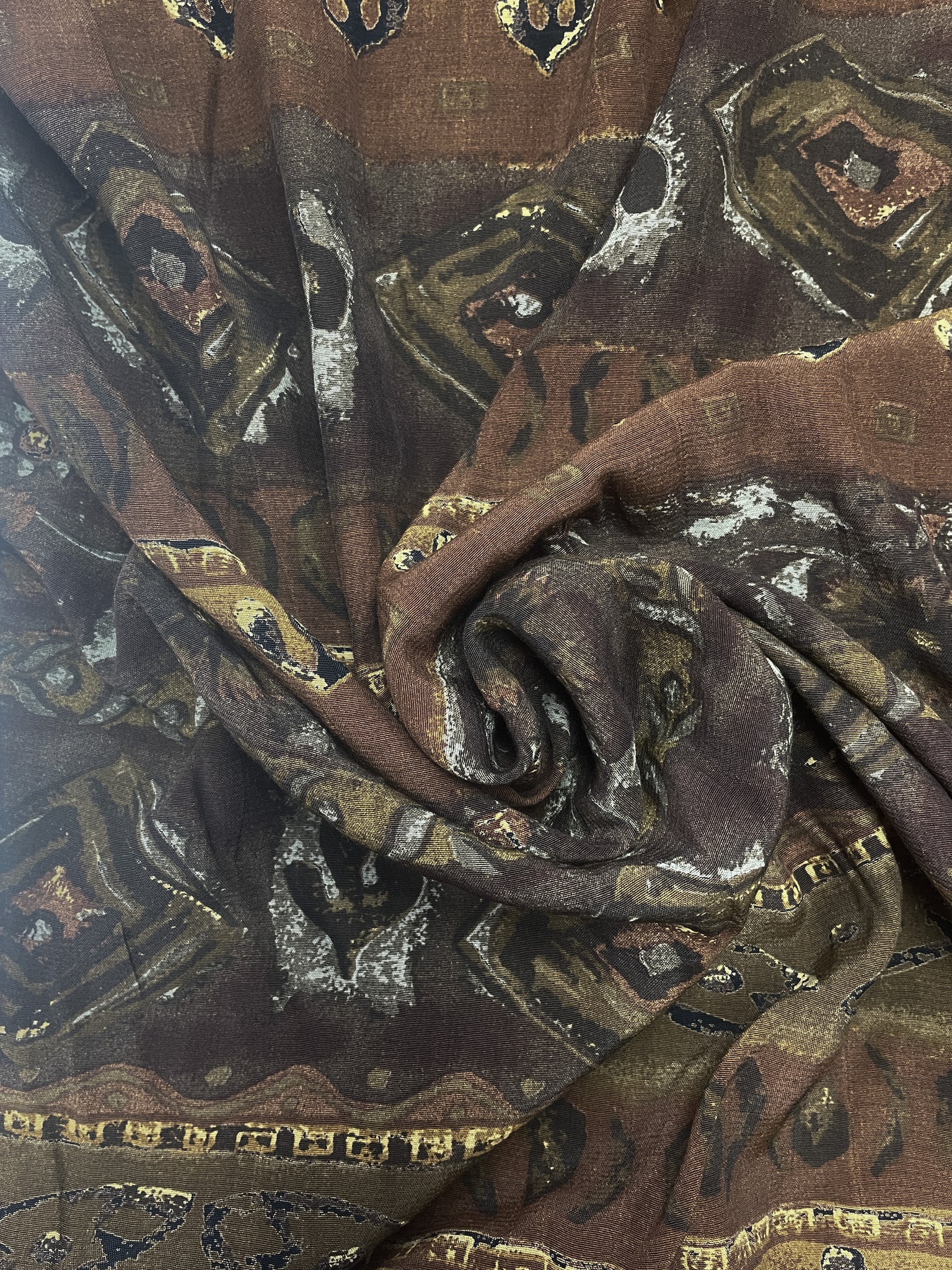 Rayon Vintage - Stripes of Diamonds, Leaves and Shapes in Multi Browns