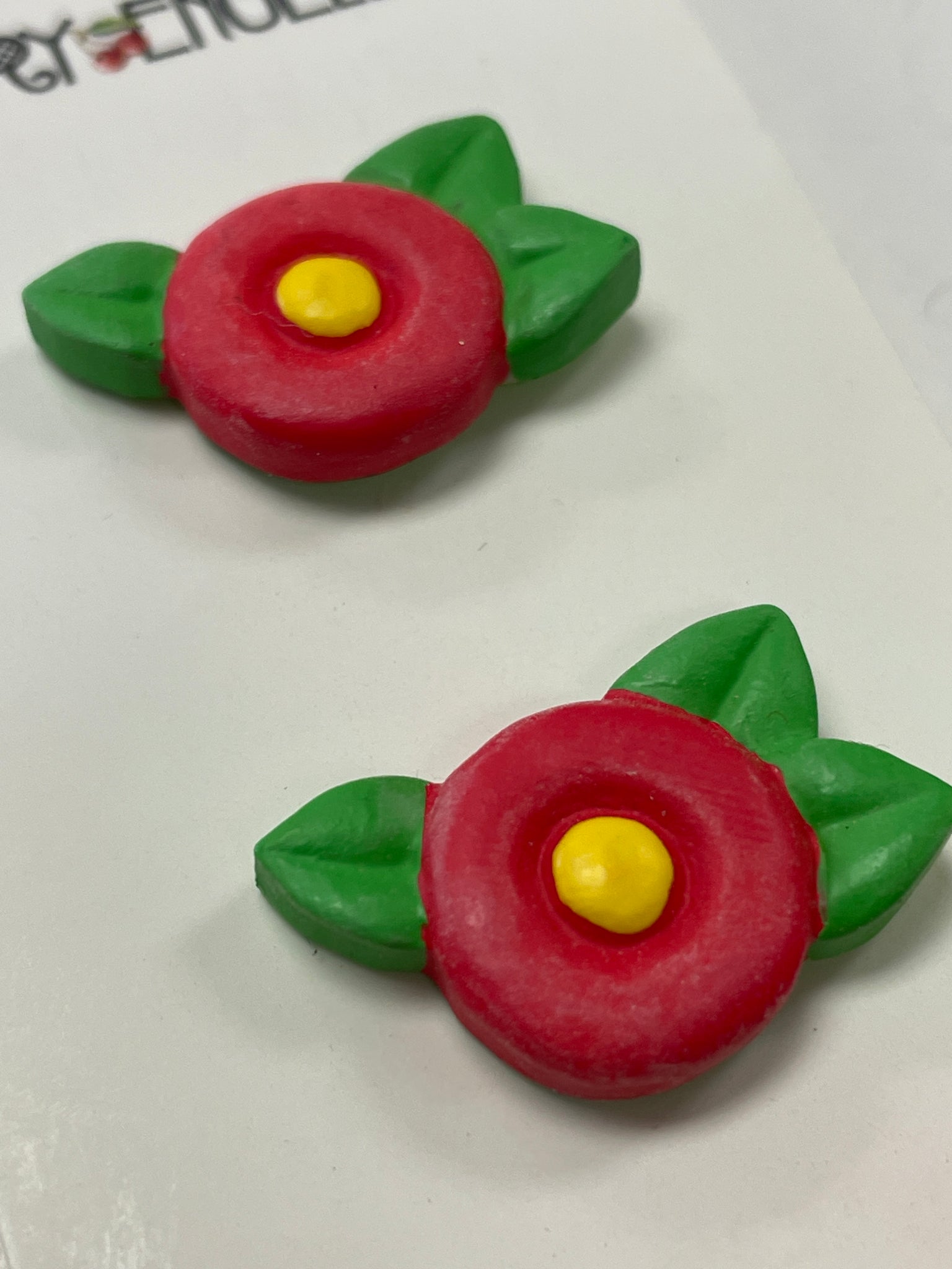 Buttons Set of 2 - Red Flowers with Yellow Centers and Green Leaves