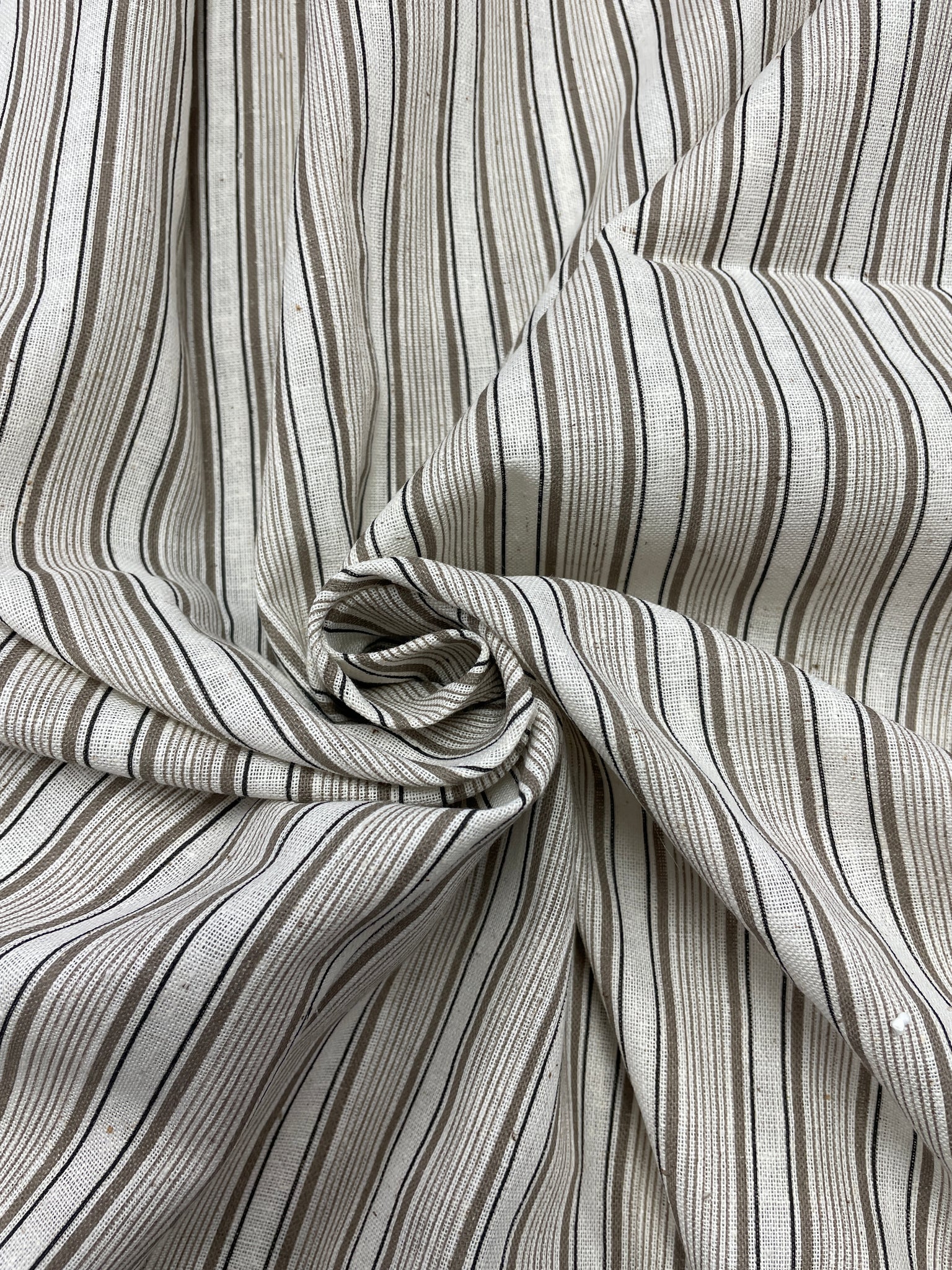 2 YD Poly/Cotton Printed Stripe - Ecru, Beige and Black on Off White Background.