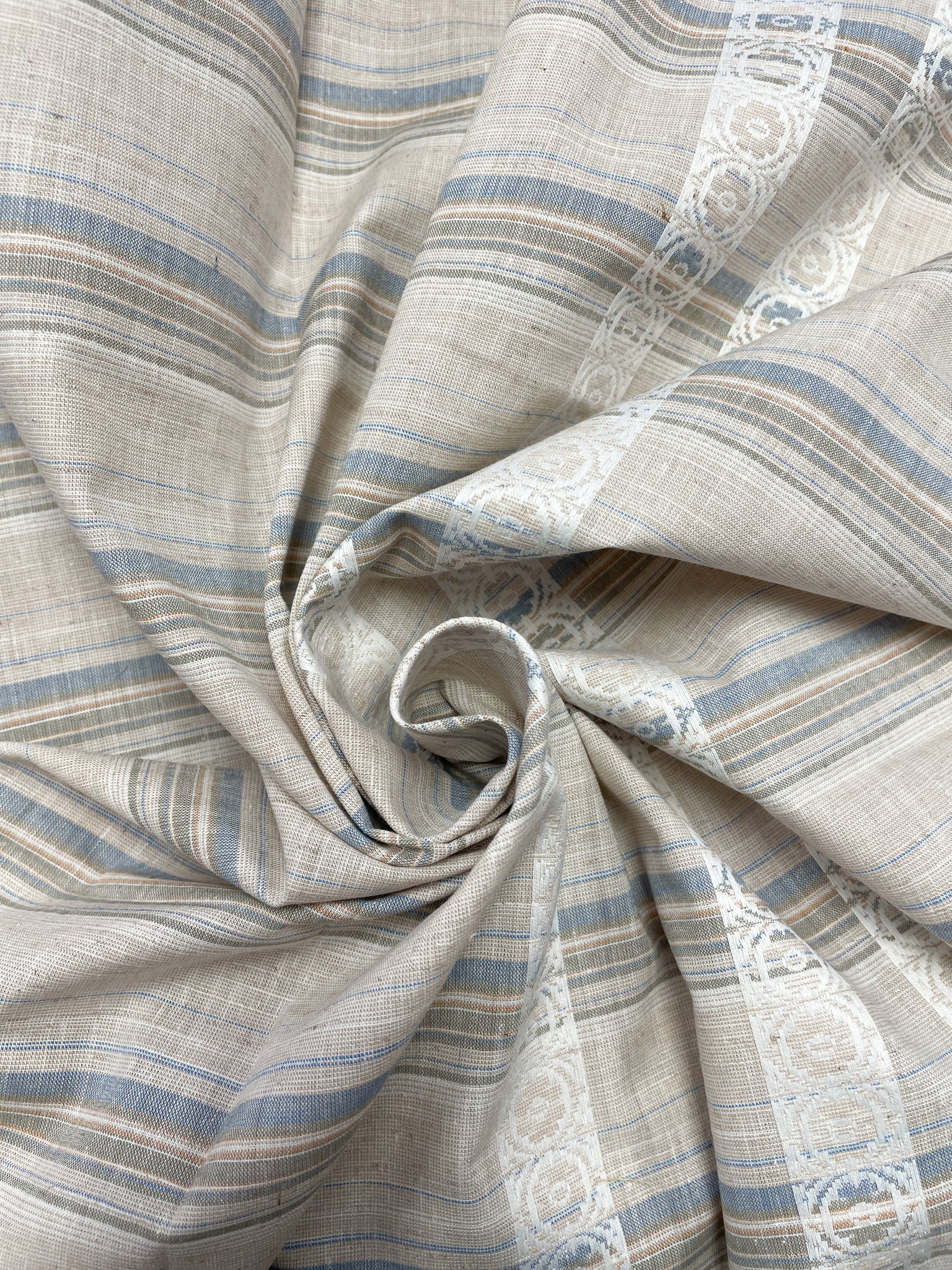 2 1/8 YD Cotton Yarn-Dyed Madras Stripe -  Ecru, Blue, Gray and White