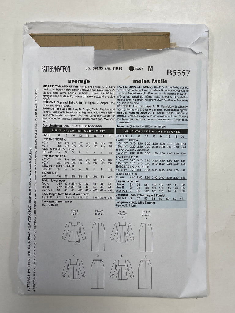 1955 Butterick 5557 Sewing Pattern - Top and Skirt FACTORY FOLDED
