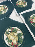 Quilting Cotton Remnants Bundle of 10 Vintage - Cream Magnolia, Red Berries and Gold Accents in a Circle on Dark Green