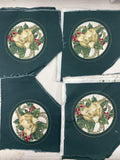 Quilting Cotton Remnants Bundle of 10 Vintage - Cream Magnolia, Red Berries and Gold Accents in a Circle on Dark Green
