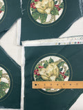 Quilting Cotton Remnants Bundle of 10 Vintage - Cream Magnolia, Red Berries and Gold Accents in a Circle on Dark Green