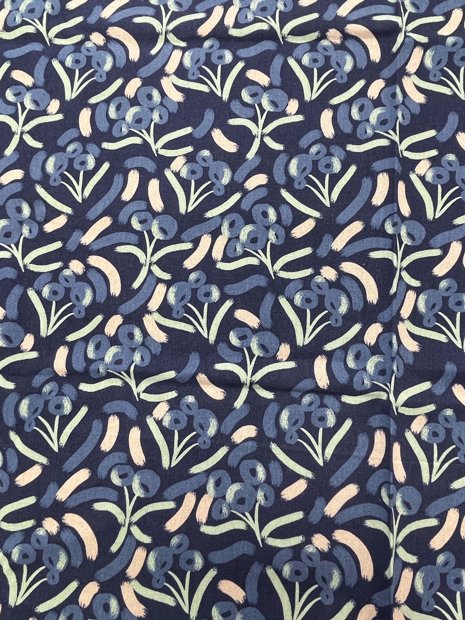 2 YD Cotton - Navy Blue with Blue Flowers, Pale Green and Pink "Brushstrokes"