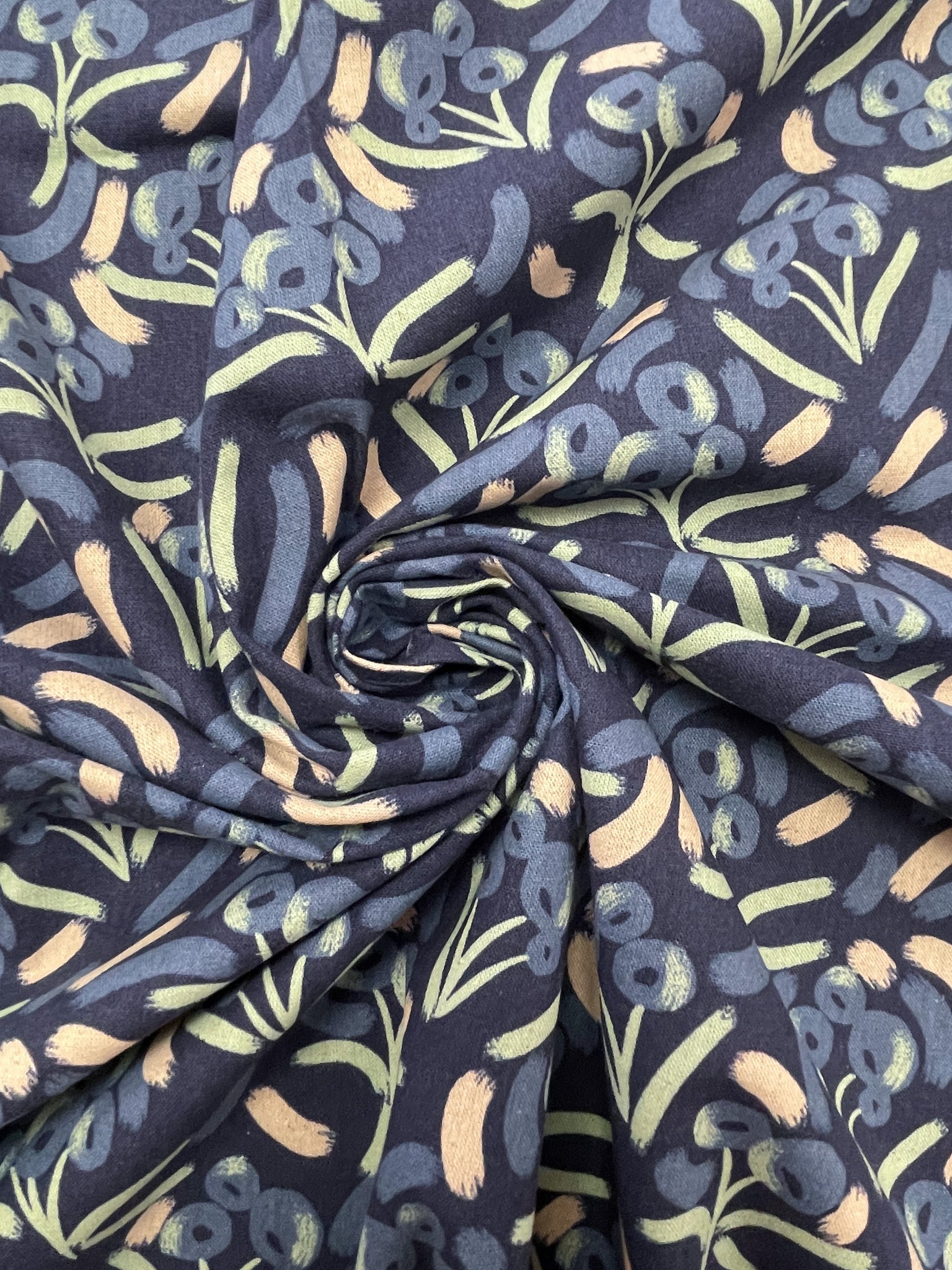 2 YD Cotton - Navy Blue with Blue Flowers, Pale Green and Pink "Brushstrokes"