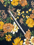 1 1/2 YD Polyester Matte Satin Vintage - Yellow, White and Tan Flowers with Green Leaves on Black
