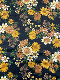1 1/2 YD Polyester Matte Satin Vintage - Yellow, White and Tan Flowers with Green Leaves on Black