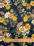 1 1/2 YD Polyester Matte Satin Vintage - Yellow, White and Tan Flowers with Green Leaves on Black