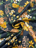1 1/2 YD Polyester Matte Satin Vintage - Yellow, White and Tan Flowers with Green Leaves on Black