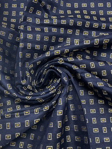 Tie Silk - Navy Blue with Light Gray Rectangles with Yellow Centers