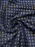Tie Silk - Navy Blue with Light Gray Rectangles with Yellow Centers