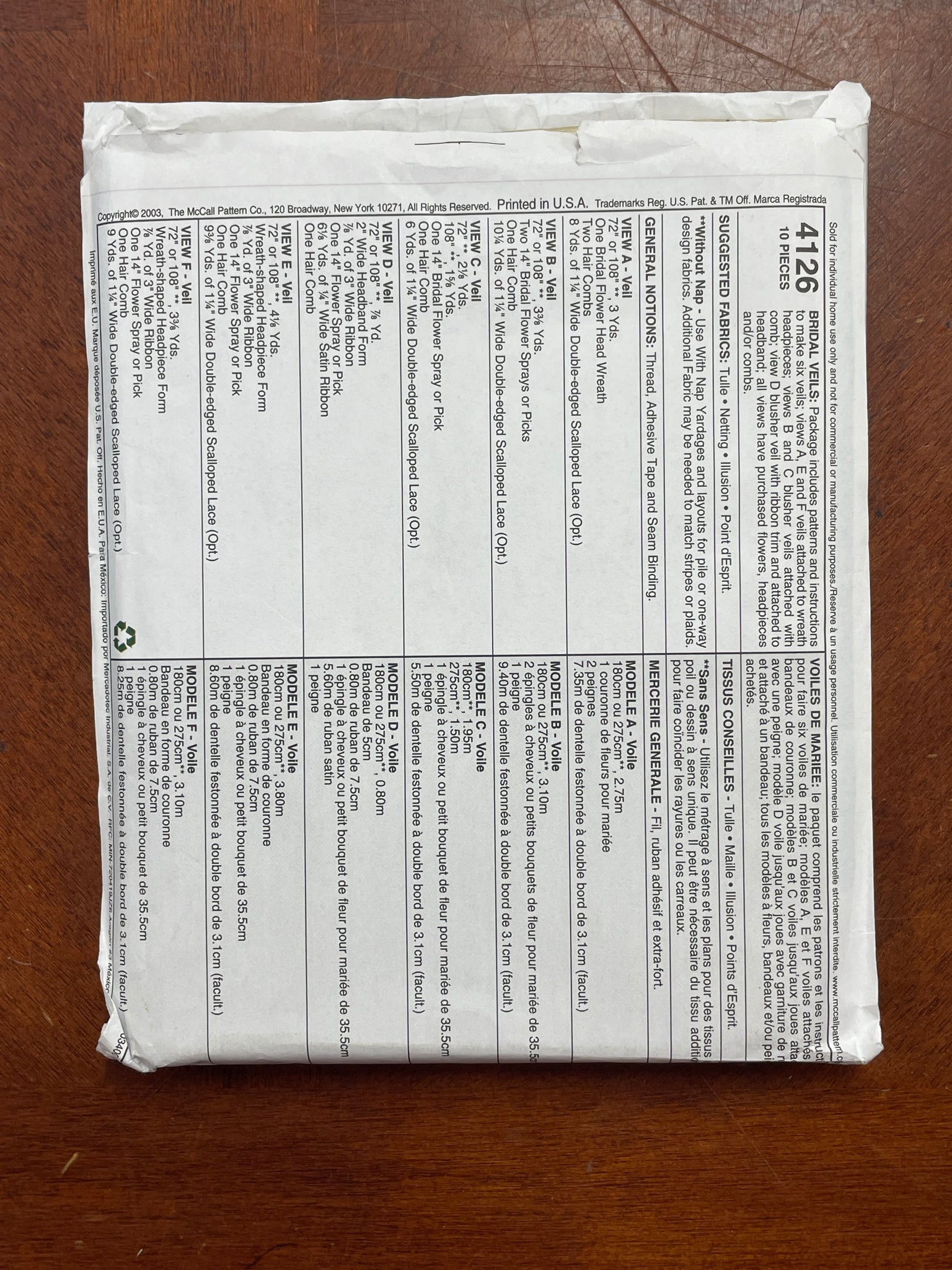 2003 McCall's 4126 Pattern - Bridal Veils FACTORY FOLDED