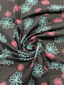 1 1/4 YD Quilting Cotton Vintage - Black with Pink and Turquoise Flowers
