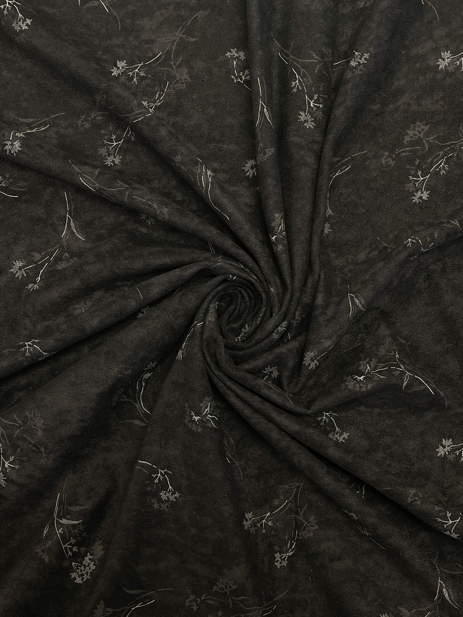 1 7/8 YD Polyester Faux Suede - Black with Light and Dark Gray  Flowers