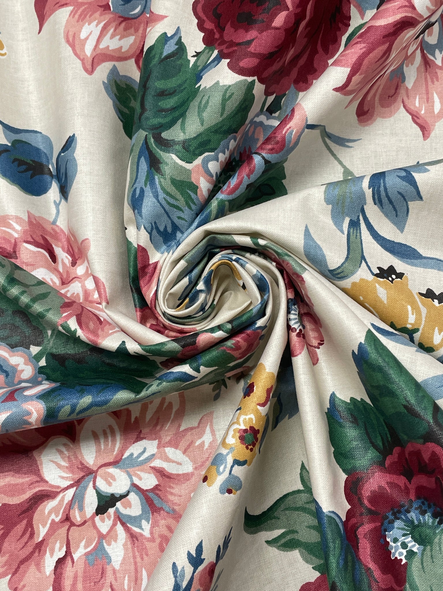 3 7/8 YD Cotton Polished Vintage - Large Burgundy and Pink Flowers on Off White