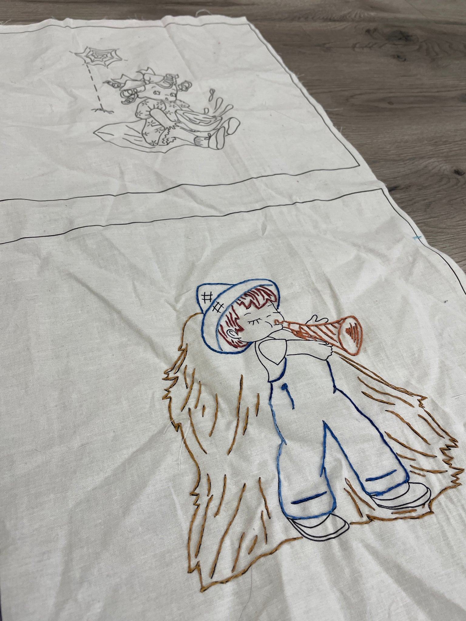 2/3 YD Cotton Panel Vintage UFO Embroidery Panel - Little Boy Blue and Little Miss Muffet