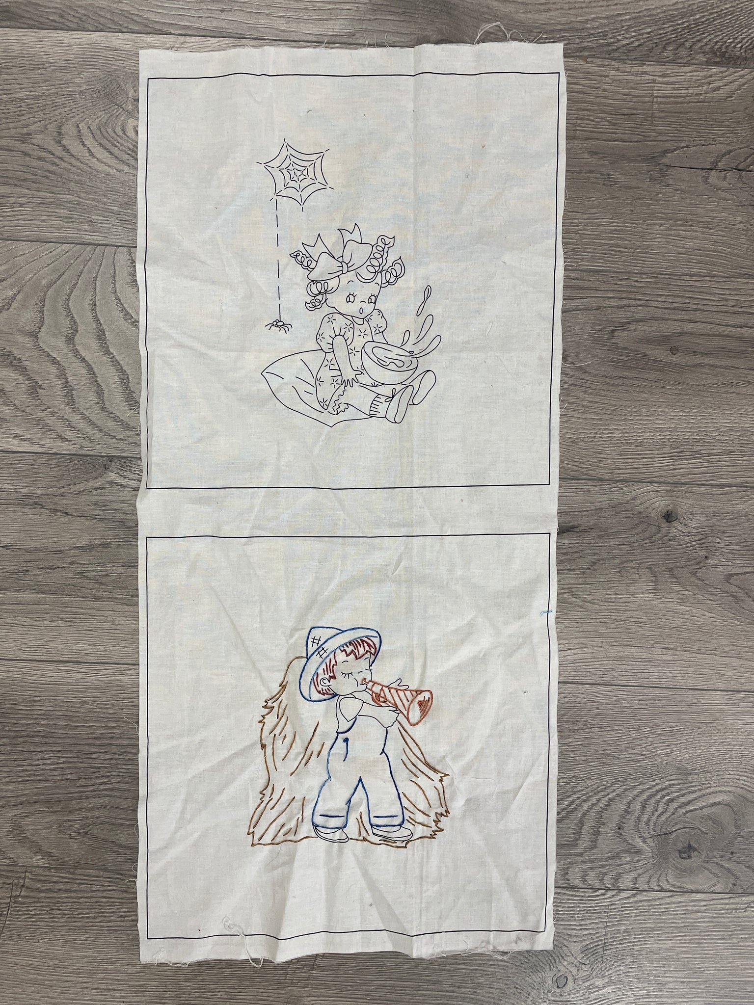 2/3 YD Cotton Panel Vintage UFO Embroidery Panel - Little Boy Blue and Little Miss Muffet