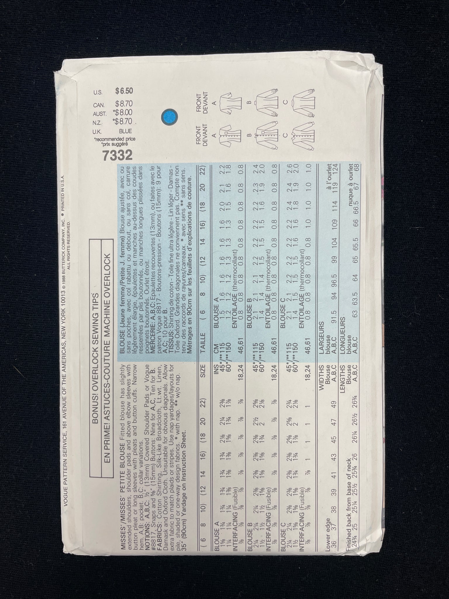 1988 Vogue 7332 Sewing Pattern - Blouses FACTORY FOLDED