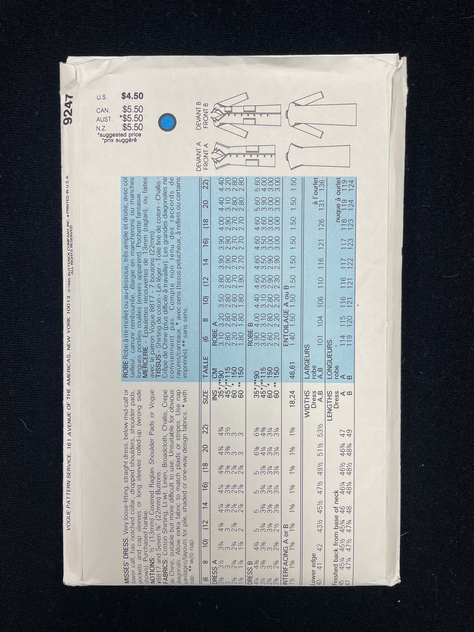 1985 Vogue 9247 Sewing Pattern - Dresses FACTORY FOLDED