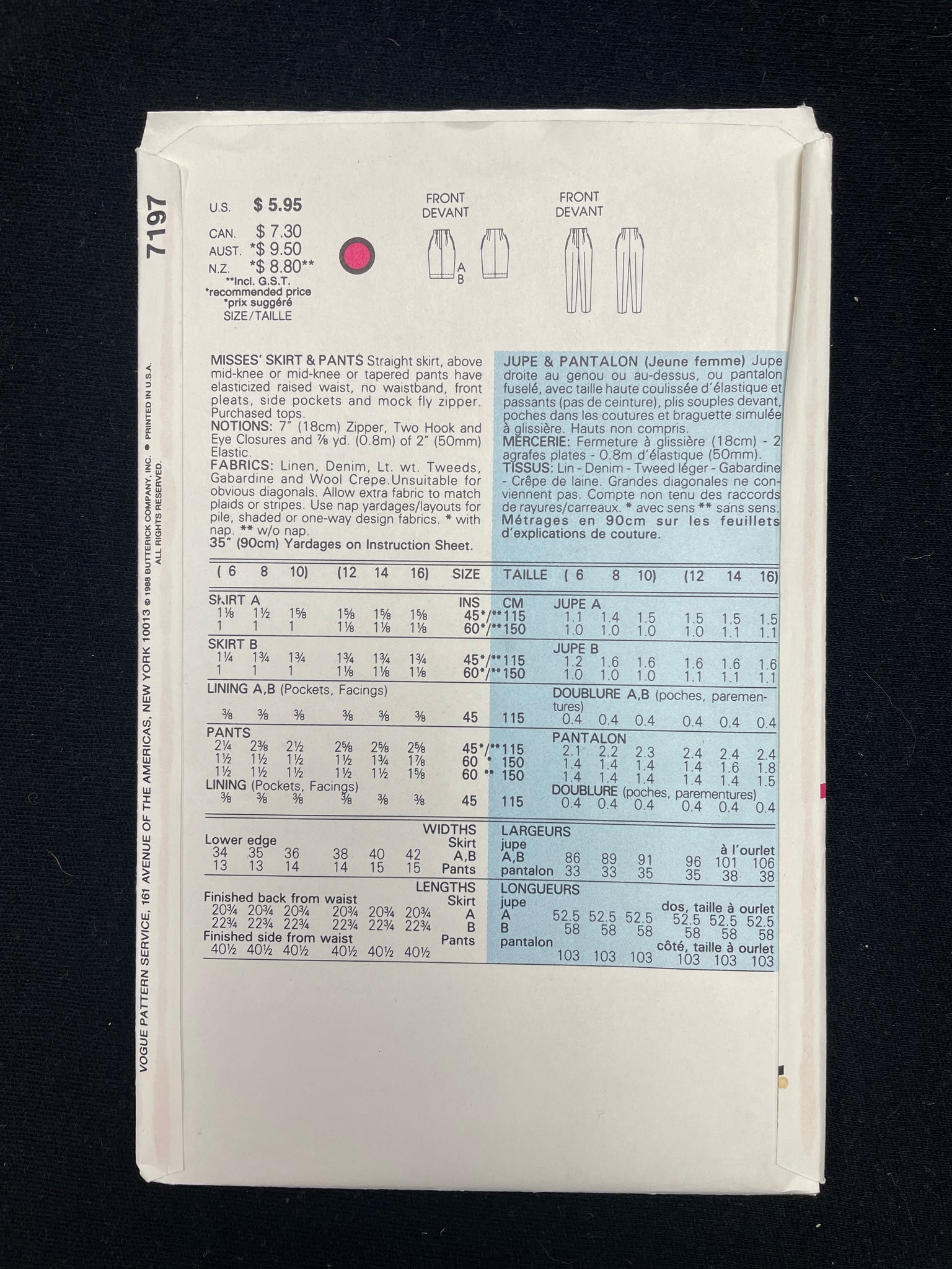 1988 Vogue 7197 Sewing Pattern - Skirt and Pants FACTORY FOLDED