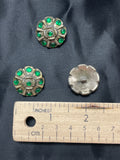 Button Set of 3 Metal Vintage - Silver Clover Emblem Green Rhinestones